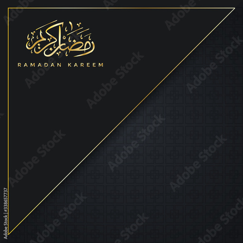 Ramadan Kareem greeting card design. Elegant and minimalist concept, with dark background and gold subjects or elements. Square format. Vector illustration