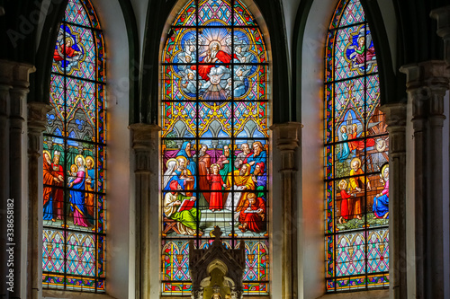 Colorful glass paintings in the church of Sanctuary Caraca, Minas Gerais, Brazil 