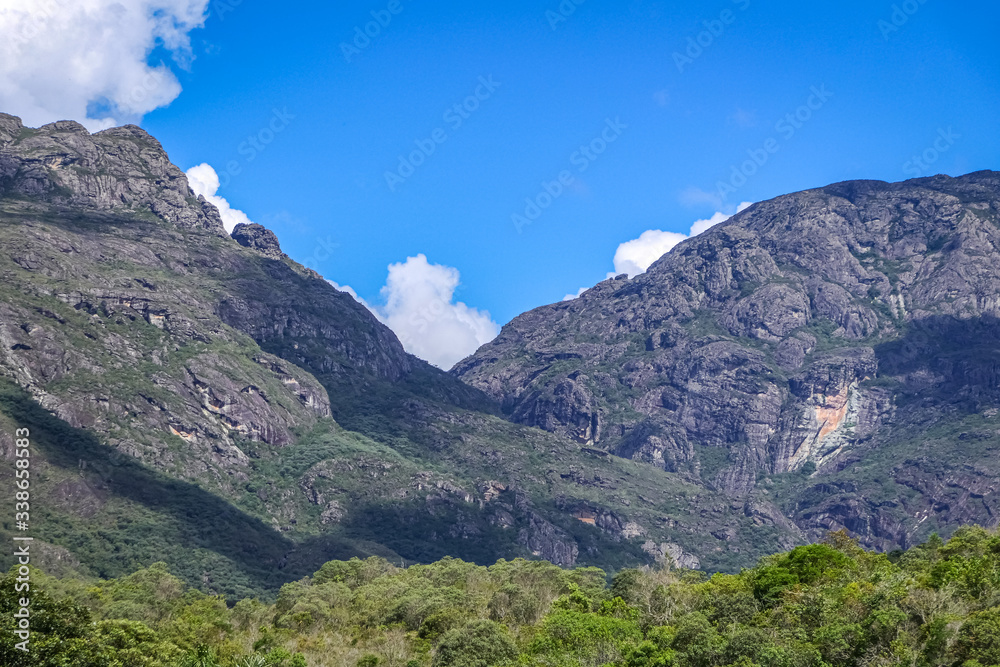 Impressive mountain scenery with blue sky and clouds of Caraca natural park, Minas Gerais, Brazil
