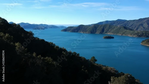 Pelorus Sounds at the top of the South Island of New Zealand on a crisp winter day. Shot with a drone to show full landscape.