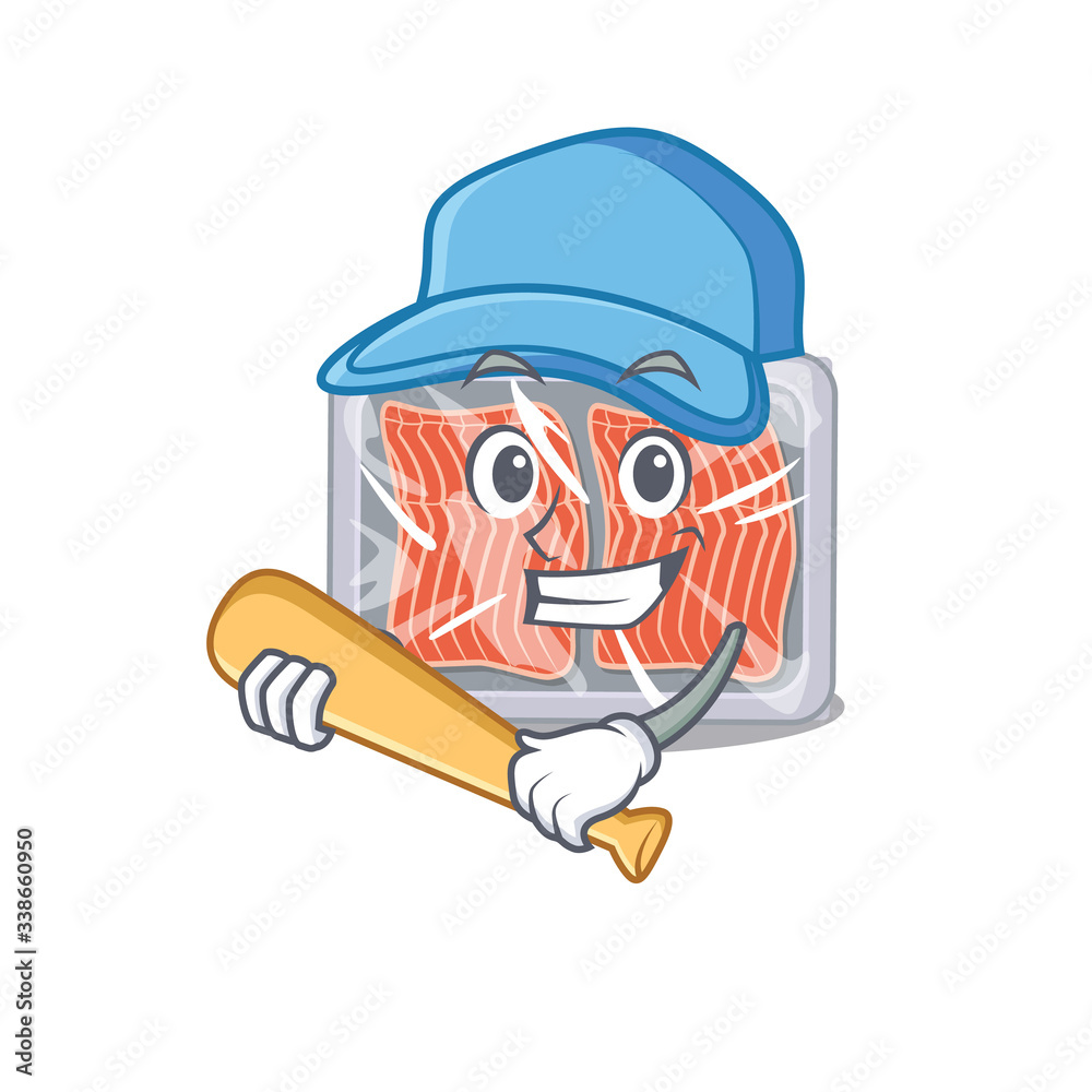 Picture of frozen salmon cartoon character playing baseball