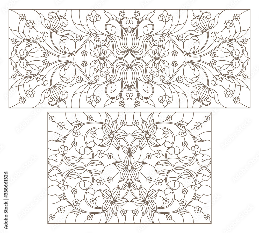 Set contour illustrations of stained glass with abstract swirls and flowers , horizontal orientation Set contour illustrations of stained glass with abstract swirls and flowers , horizontal orientation