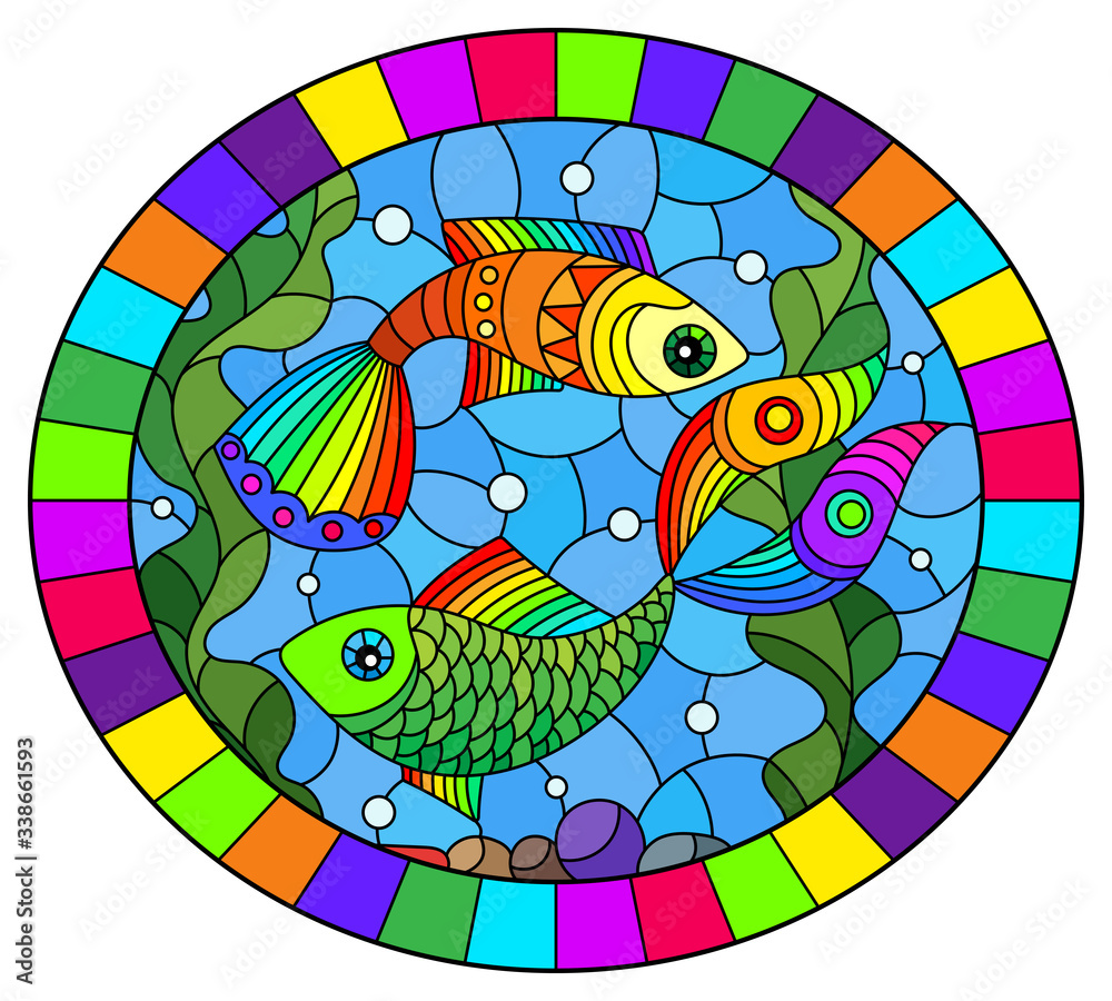 Illustration in stained glass style with bright rainbow fish on the background of water, bottom and algae, oval image in bright frame