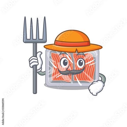 Cartoon character design of frozen salmon as a Farmer with hat and pitchfork