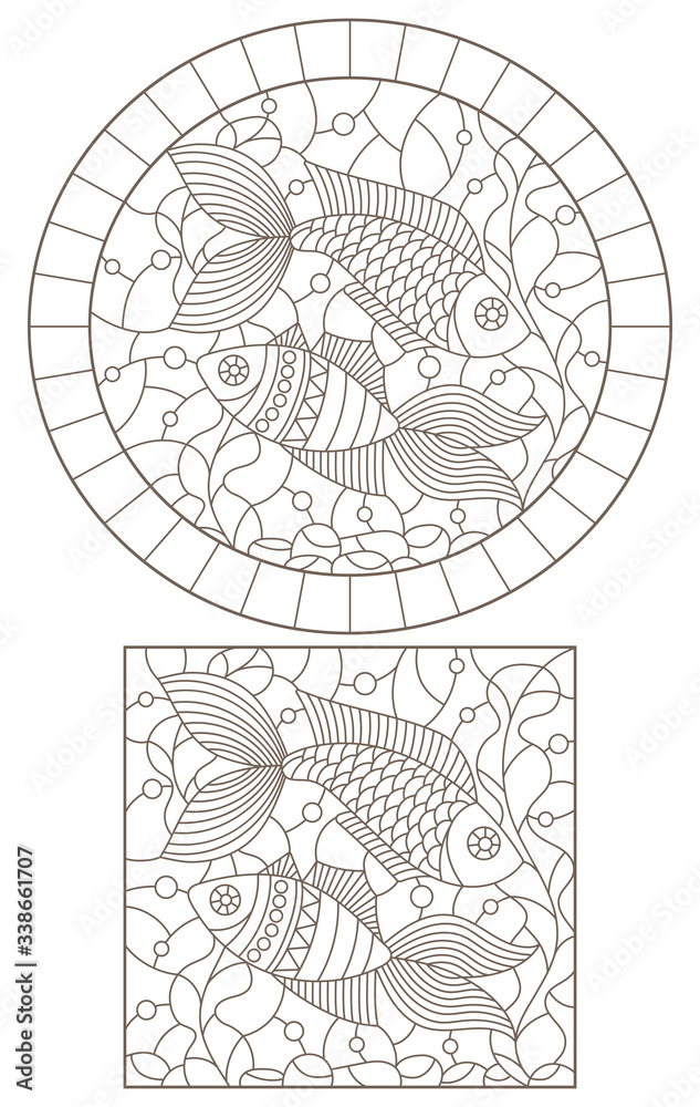 Fototapeta premium A set of contour illustrations with fish on a background of water and algae, dark outlines on a white background