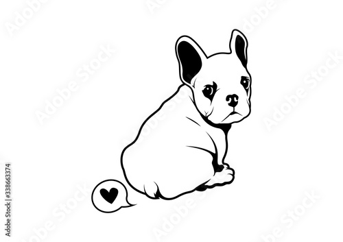Cute French Bulldog and Her Little Love Fart from Back View. Frenchie with relax mood in black & white logo.