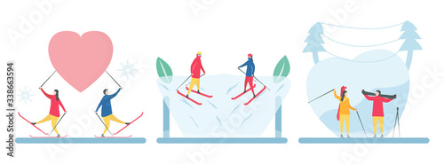 3 Sets of romantic adults couple play ski. Character design of people in winter season. Vector illustration in flat style.