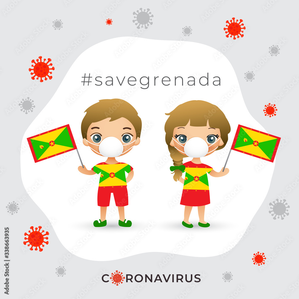 Fototapeta premium Set of boy and girl wearing surgical mask preventing coronavirus with national flag : Vector Illustration