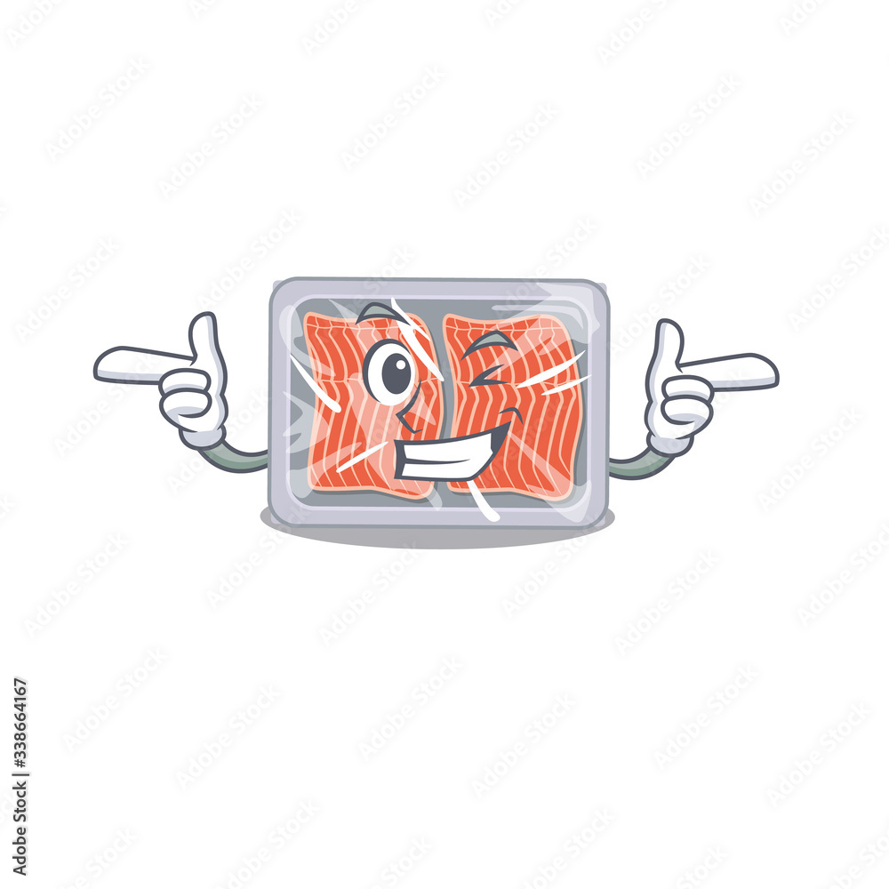 Cartoon design concept of frozen salmon with funny wink eye
