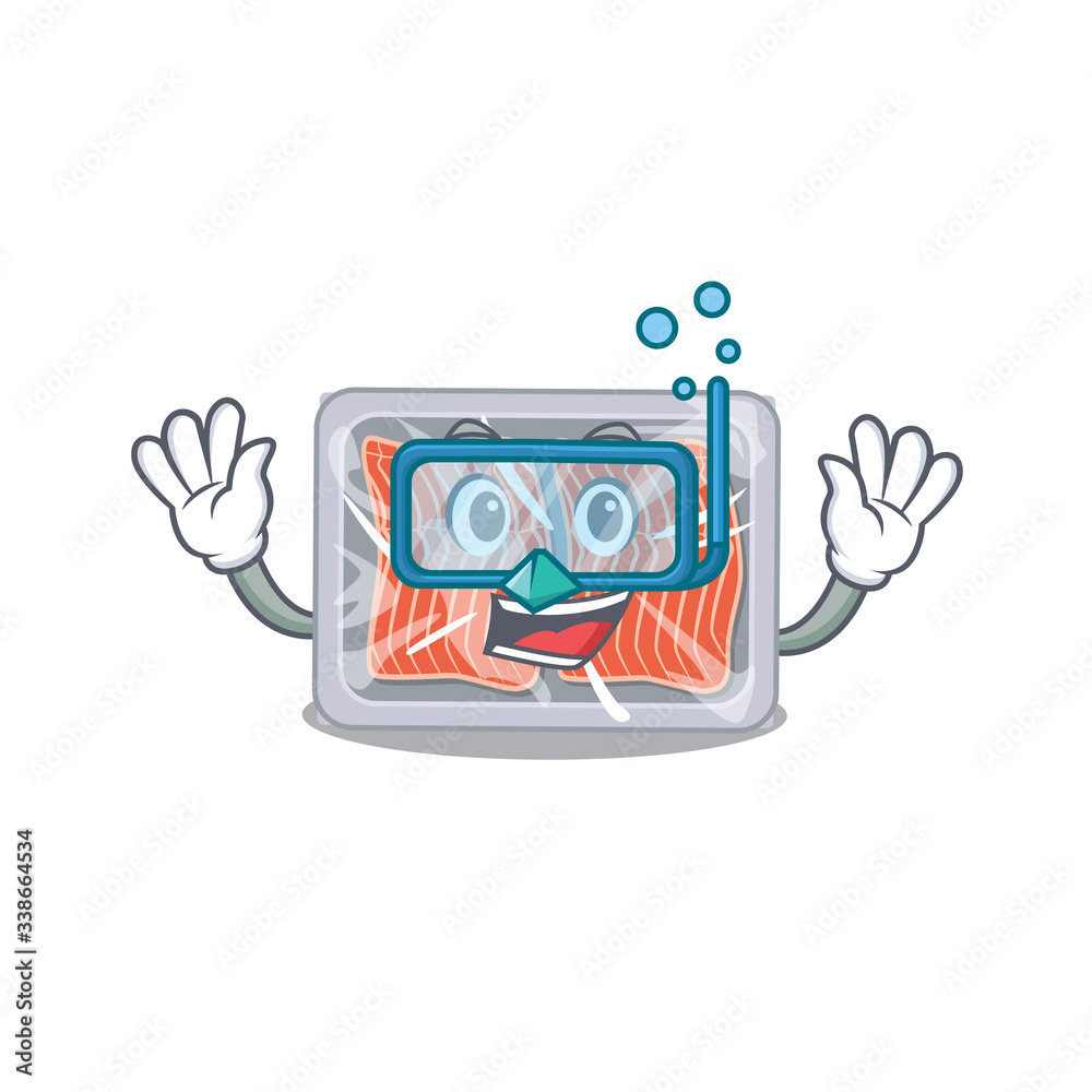 Frozen salmon mascot design concept wearing diving glasses Frozen salmon mascot design concept wearing diving glasses