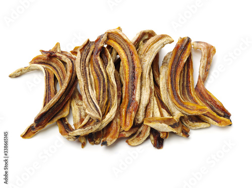 Dried bananas on white background