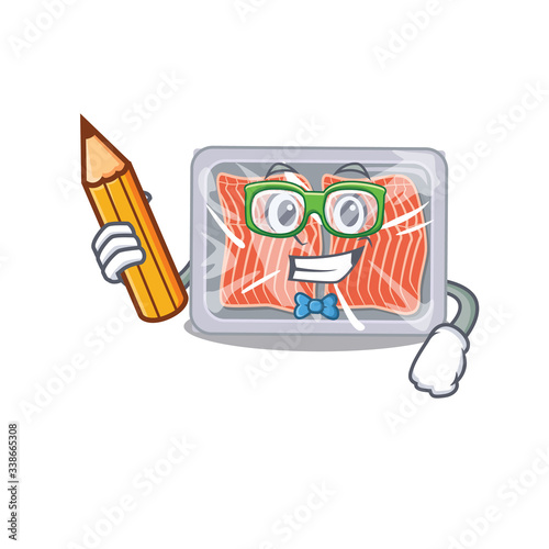 A brainy student frozen salmon cartoon character with pencil and glasses