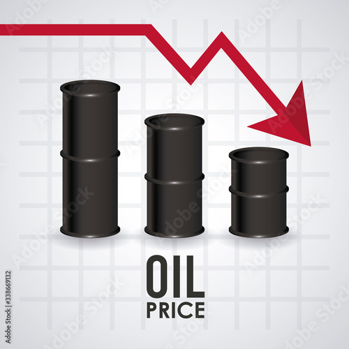 oil price infographic with barrels and arrow