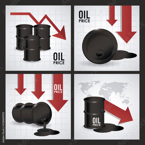 oil price infographic with barrels and arrows in the world
