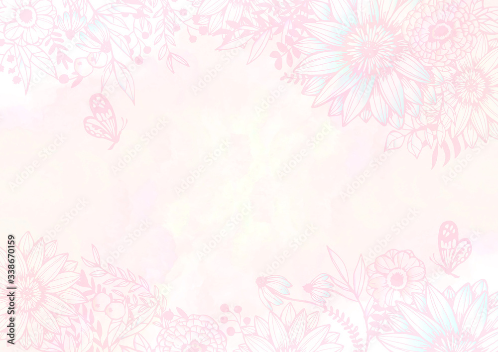 水彩の花柄背景素材　レトロ　絵の具　ピンク　植物柄