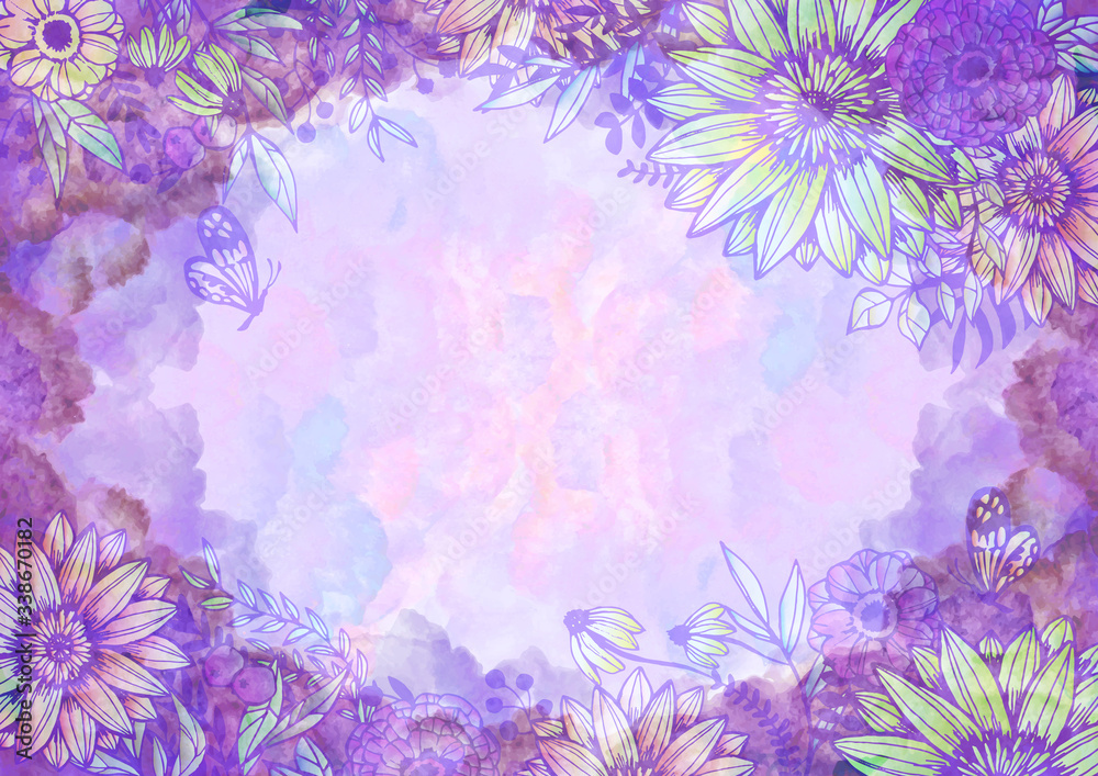 水彩と花柄の背景素材 レトロ 植物柄 絵の具 紫 藤色 Stock Illustration Adobe Stock