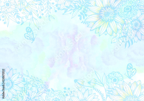 Fototapeta Naklejka Na Ścianę i Meble -  水彩と花柄の背景素材　レトロ　植物柄　絵の具　青色　水色
