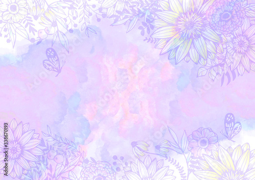 水彩と花柄の背景素材　レトロ　植物柄　絵の具　紫　藤色