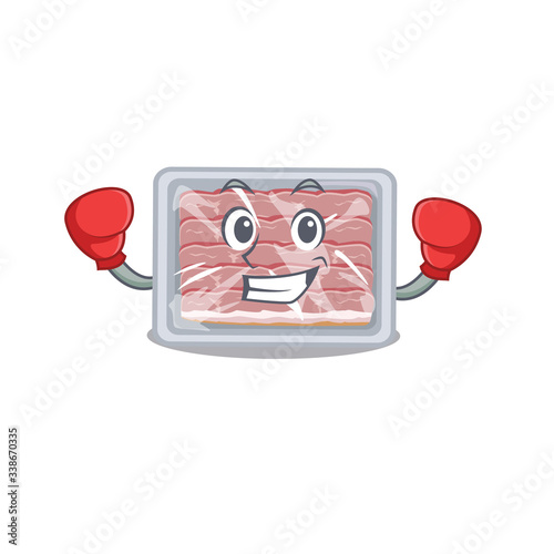 A sporty boxing athlete mascot design of frozen smoked bacon with red boxing gloves