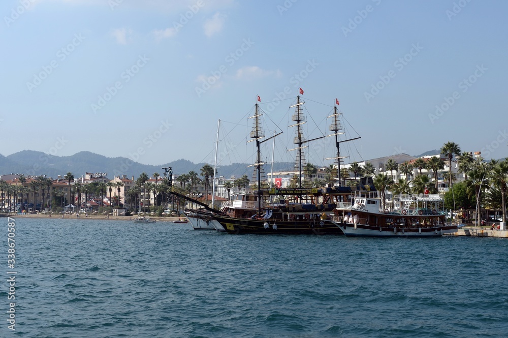 Sea vessels at the embankment of the Turkish city of Marmaris