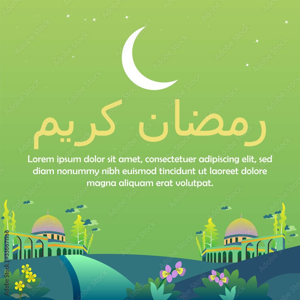 Ramadan kareem greeting card. Mosque with crescent moon, stars and clouds as green background. Vector illustration,