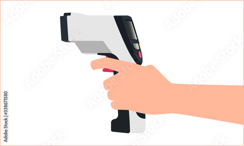 Isometric Medical Digital Non-Contact Infrared Thermometer. It measures the ambient and body temperature without contact with colored warning symbols.