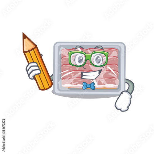 A brainy student frozen smoked bacon cartoon character with pencil and glasses