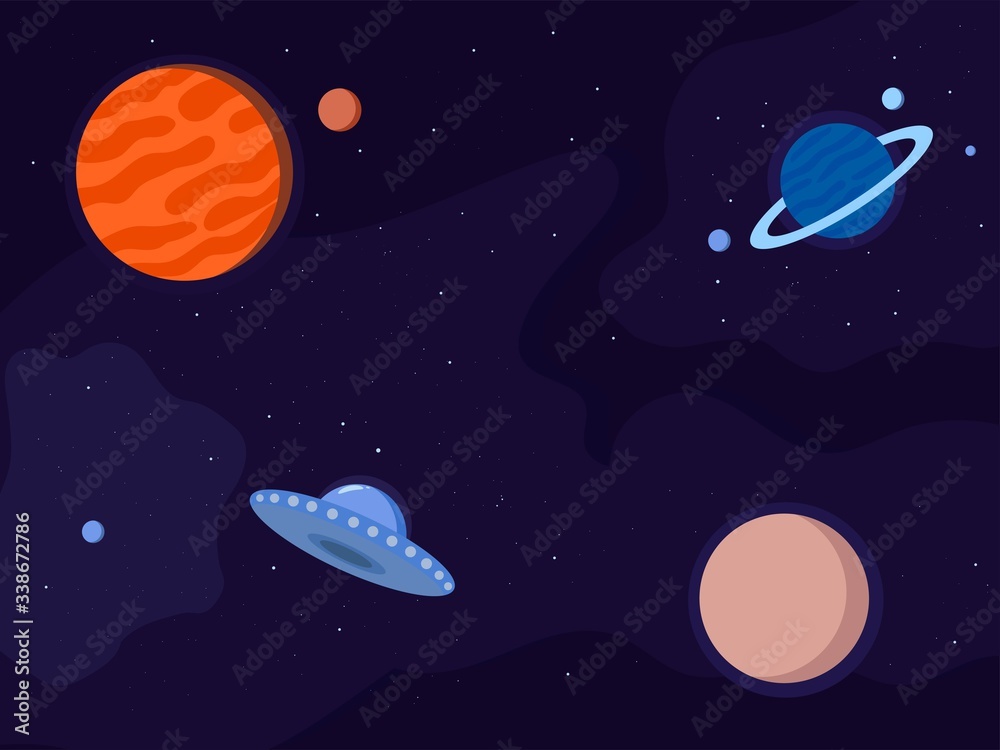 Vector illustration of planets, ufo, nebula. Space background with stars in cartoon style. Cosmic design.