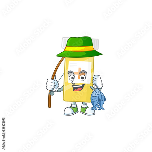 A Picture of medicine bottle fisher mascot design catch a fish