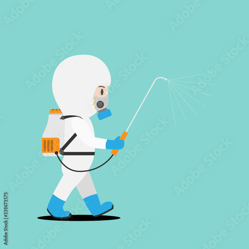 Man in hazmat. Protective suit, gas mask and gas cylinder for disinfection coronavirus.