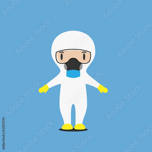Medical staff in the coverall suit wear chemical resistant goggles and gloves. Flat vector cartoon illustration isolated from background.