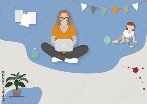 Young mother working with a laptop freelancer, remote work at home and raising a child at home. 