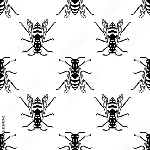 Seamless pattern of black wasp on yellow background.