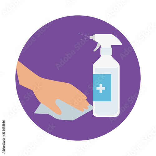 surface cleaning with spray bottle prevention covid 19 vector illustration design