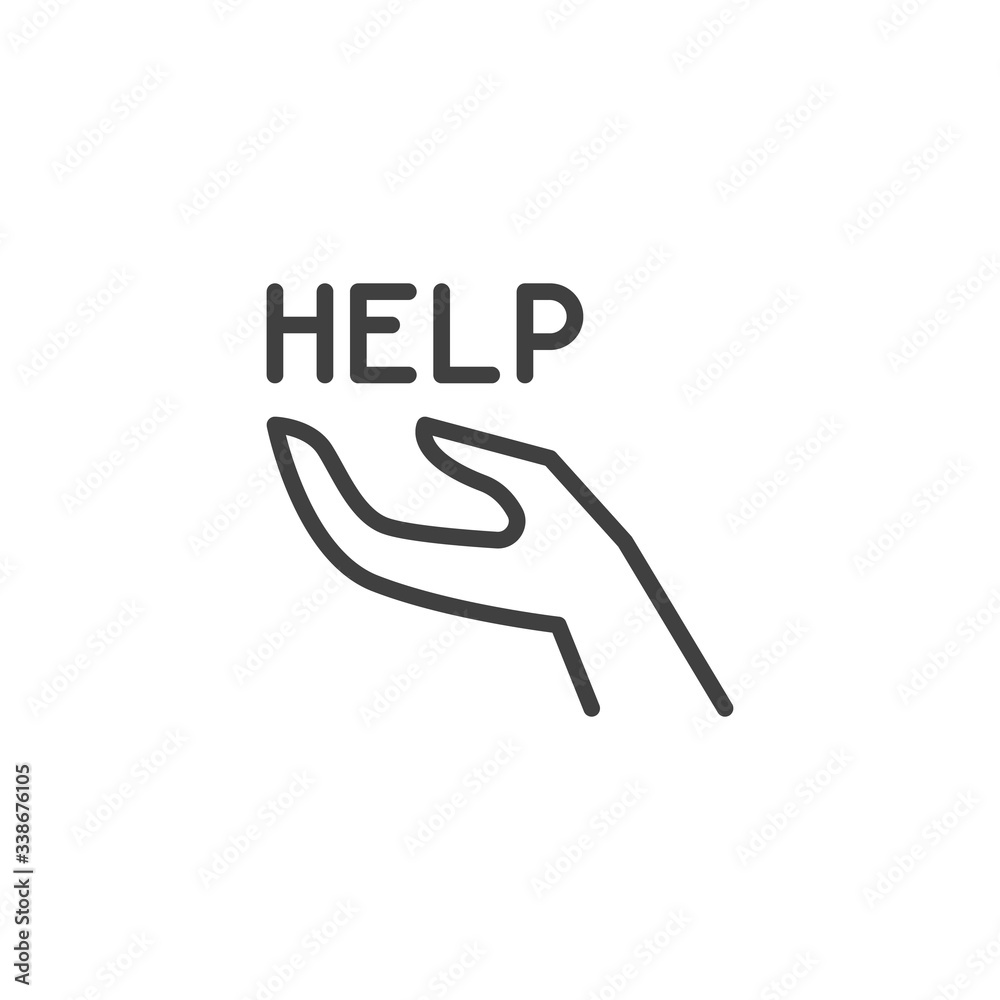 Helping hand line icon. linear style sign for mobile concept and web design. Hand with help lettering outline vector icon. Symbol, logo illustration. Vector graphics