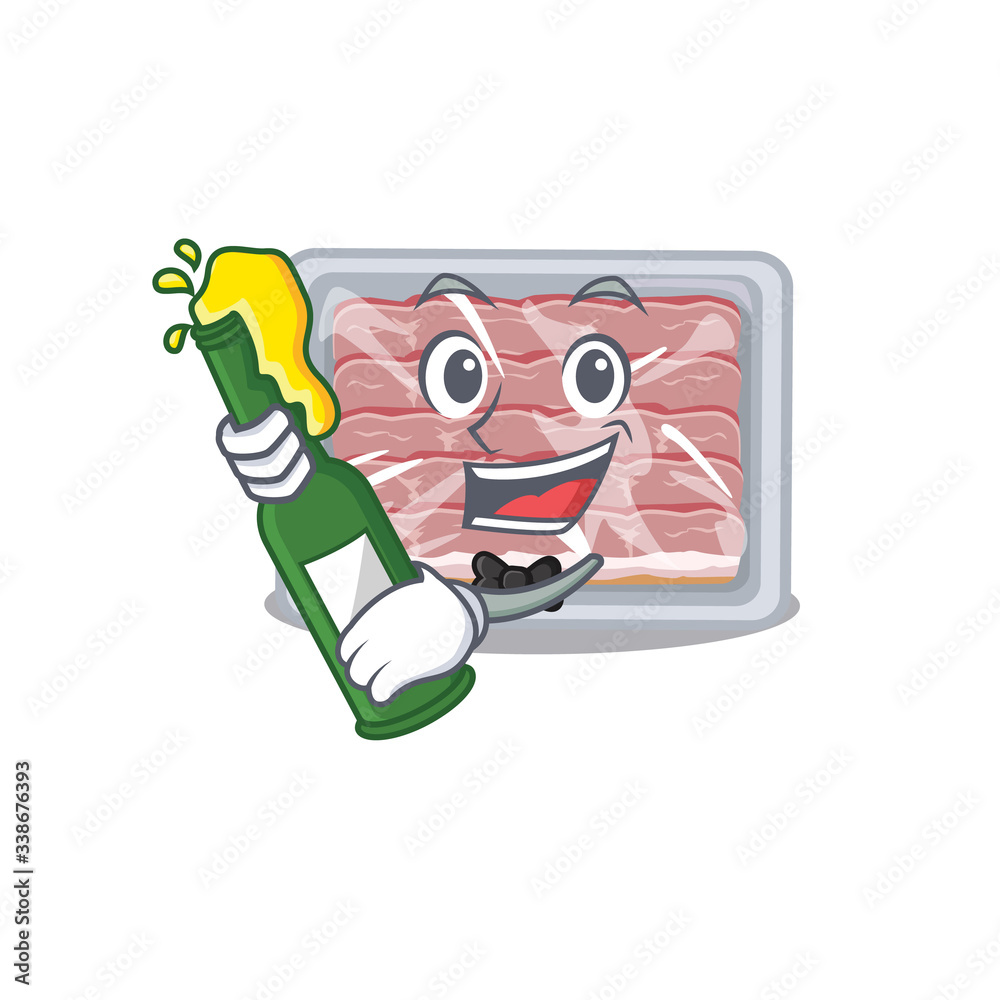 Mascot character design of frozen smoked bacon say cheers with bottle of beer