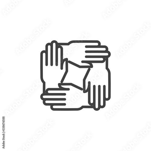 Four hands hold together line icon. linear style sign for mobile concept and web design. Solidarity  Unity hands outline vector icon. Teamwork symbol  logo illustration. Vector graphics