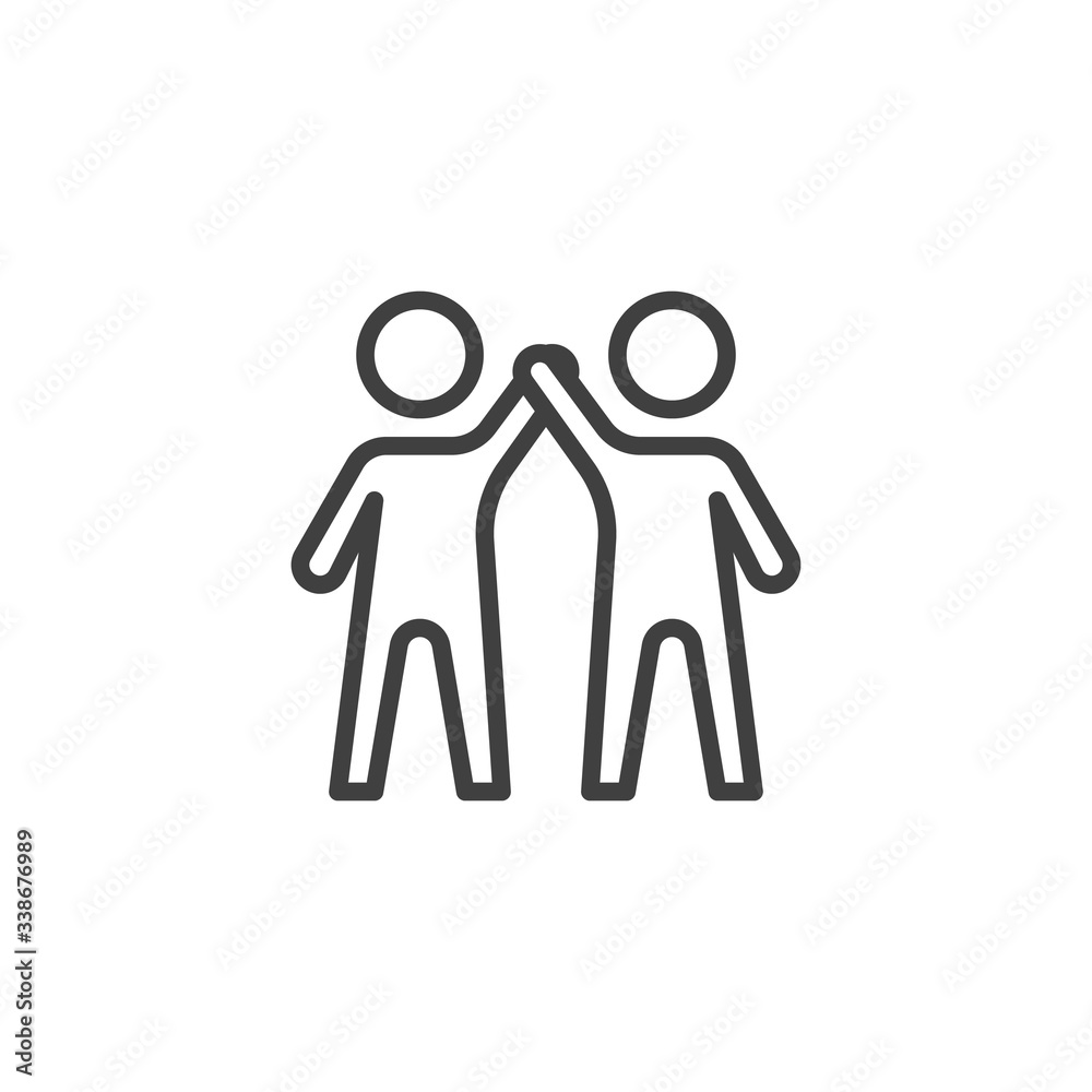 Two man greeting line icon. linear style sign for mobile concept and web design. Friends giving each other a high five outline vector icon. Symbol, logo illustration. Vector graphics Two man greeting line icon. linear style sign for mobile concept and web design. Friends giving each other a high five outline vector icon. Symbol, logo illustration. Vector graphics