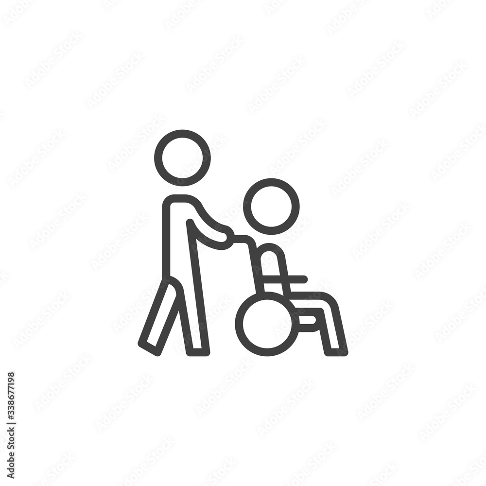 Disabled person care line icon. linear style sign for mobile concept and web design. Volunteer and handicapped person outline vector icon. Symbol, logo illustration. Vector graphics Disabled person care line icon. linear style sign for mobile concept and web design. Volunteer and handicapped person outline vector icon. Symbol, logo illustration. Vector graphics