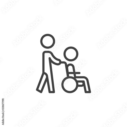 Disabled person care line icon. linear style sign for mobile concept and web design. Volunteer and handicapped person outline vector icon. Symbol, logo illustration. Vector graphics