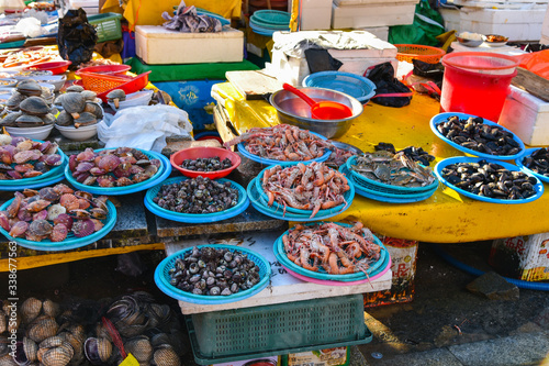 Busan city, South Korea - OCT 31, 2019: :Jagalchi Fish Market in Busan, South Korea. Sea food is most popular food in Busan korea. photo