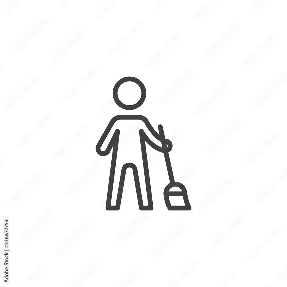 Janitor man sweeping line icon. linear style sign for mobile concept and web design. Man with a broom outline vector icon. Symbol, logo illustration. Vector graphics Janitor man sweeping line icon. linear style sign for mobile concept and web design. Man with a broom outline vector icon. Symbol, logo illustration. Vector graphics