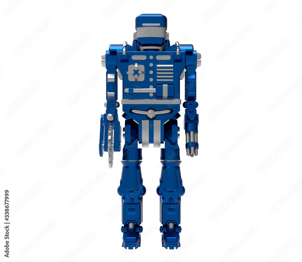 Naklejka premium Blue battle robot. Front view. 3D illustration.