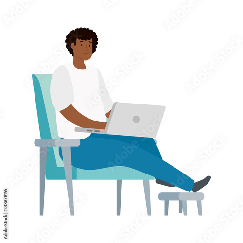 man afro sitting in chair with laptop isolated icon vector illustration design © Gstudio