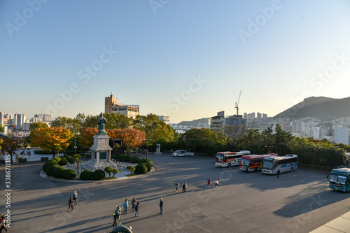 Busan city, South Korea - OCT 31, 2019: Busan Tower in Yongdusan Park, popular tourist attractions in Busan city, South Korea.