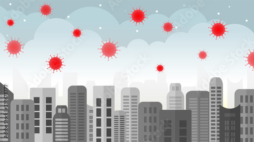 Coronavirus 2019-nCoV in downtown. Virus epidemic vector illustration design. City lockdown for decreasing of Covid-19.