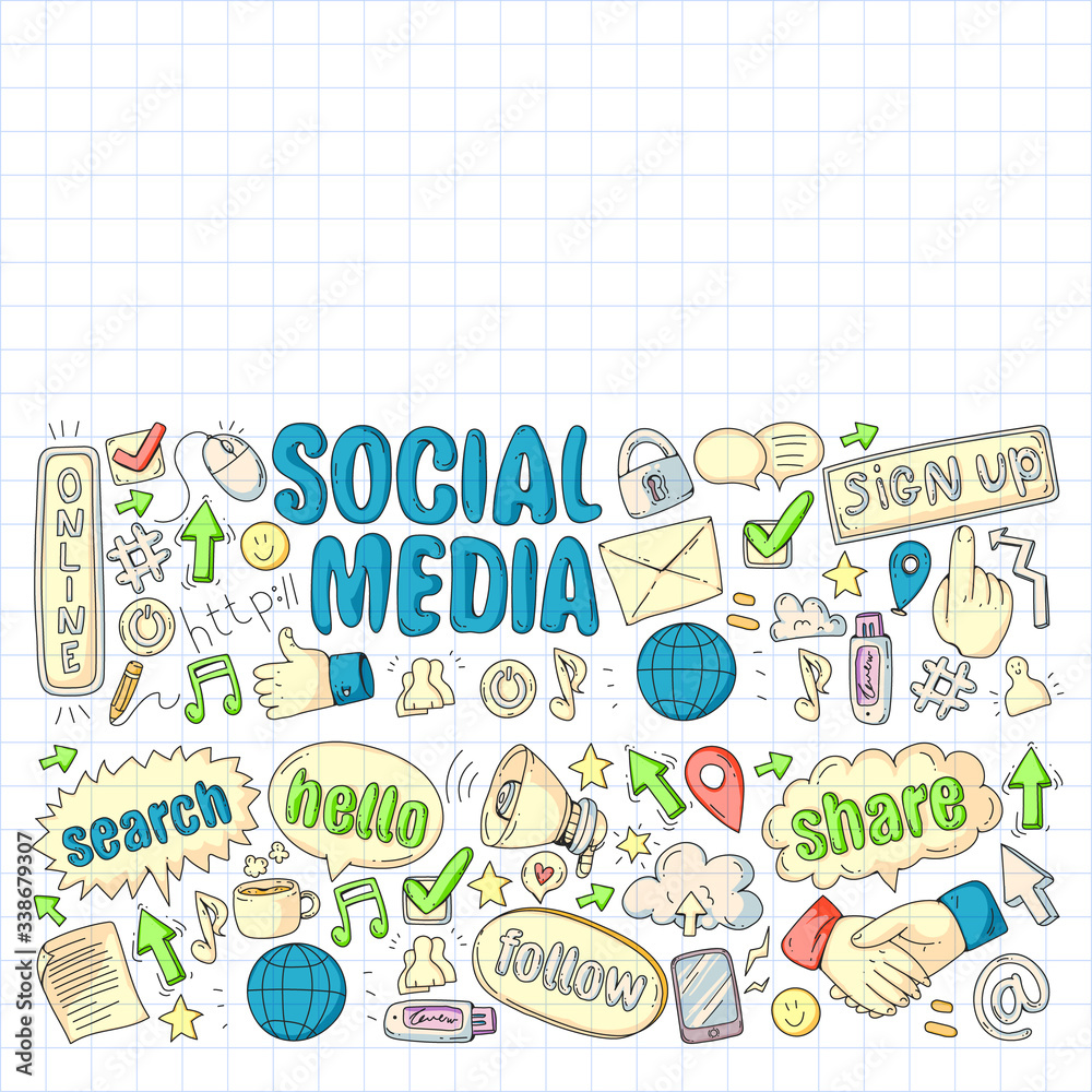 Social media, business, management vector icons. Internet marketing, communications.