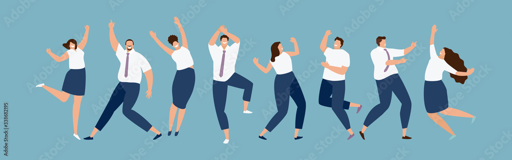 Joyful jumping successful business people. Team victory. Vector illustration