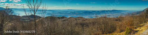 Beautiful panorama in january sun above the Vipava valley in Slovenia  looking from the top of Kovk mountain.