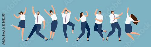 Joyful jumping successful business people. Team victory. Vector illustration